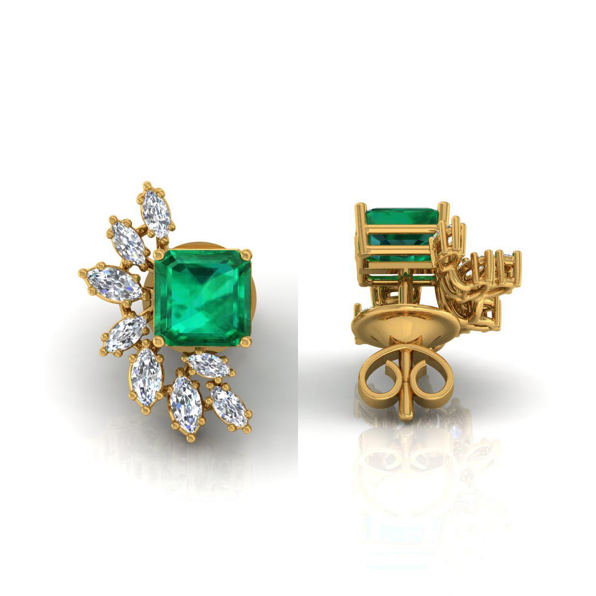 Women's Zambian Emerald Gemstone Stud Earrings Marquise Diamond 18 Karat Yellow Gold For Sale