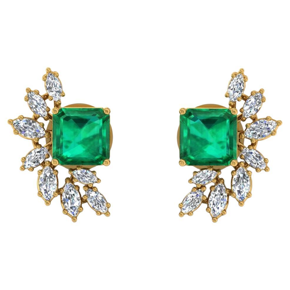 Zambian Emerald Gemstone Stud Earrings Marquise Diamond 18 Karat Yellow Gold For Sale