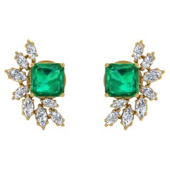 Zambian Emerald Gemstone Stud Earrings Marquise Diamond 18 Karat Yellow Gold