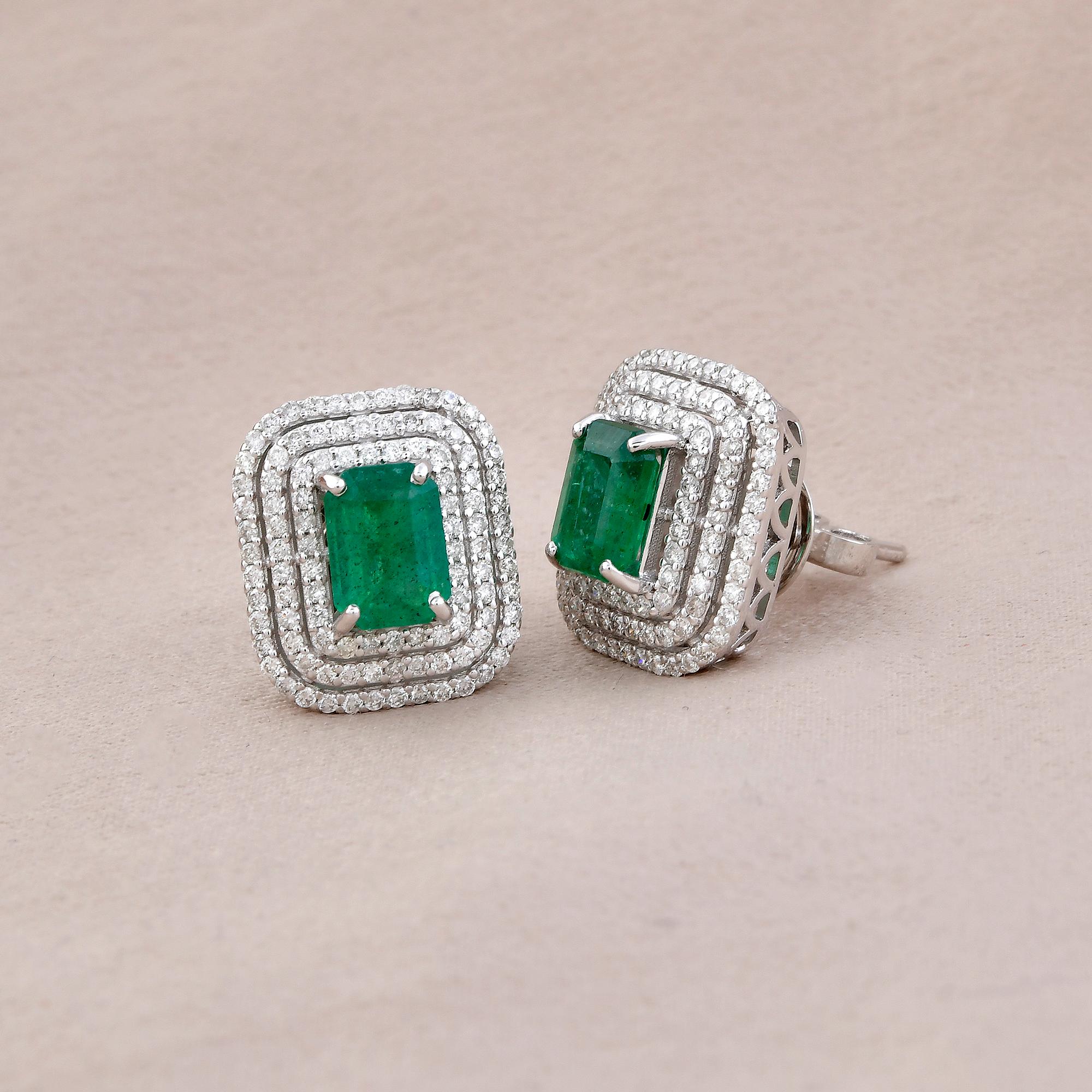 Modern Zambian Emerald Gemstone Stud Earrings Pave Diamond 18 Karat White Gold Jewelry For Sale