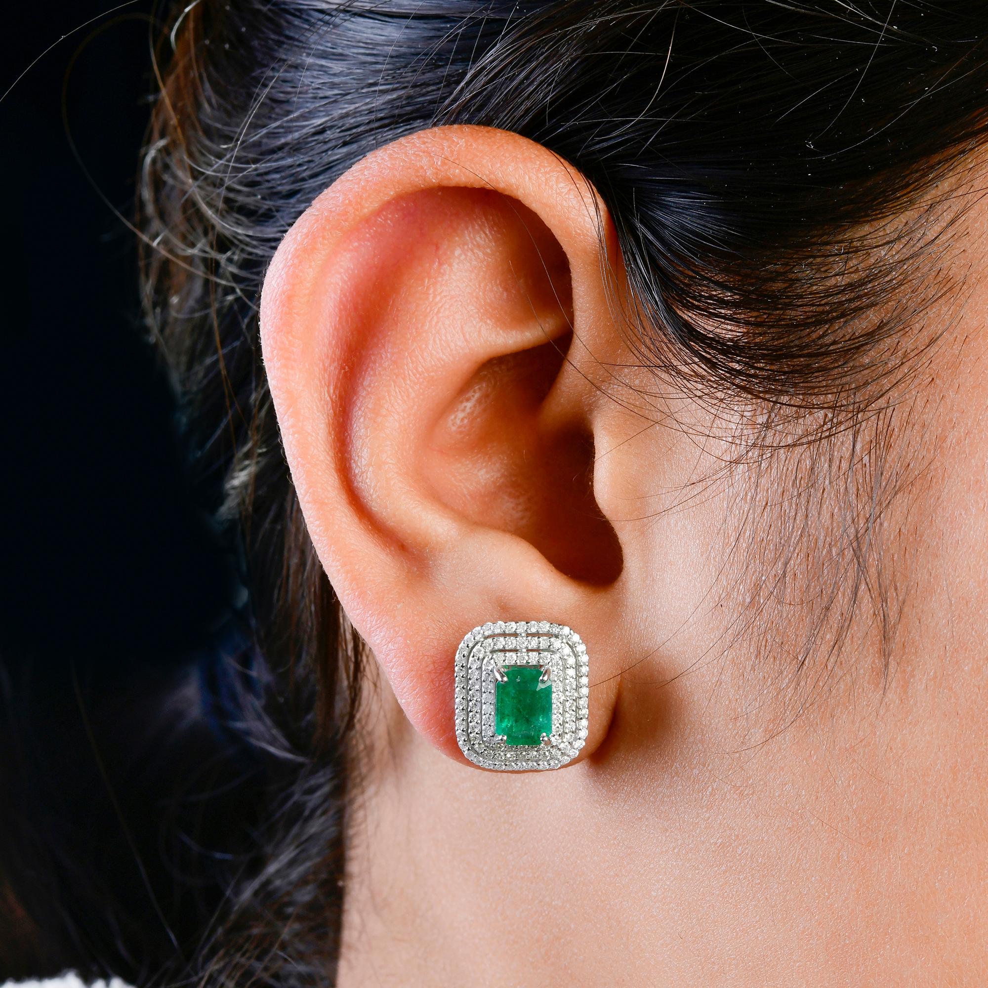 Emerald Cut Zambian Emerald Gemstone Stud Earrings Pave Diamond 18 Karat White Gold Jewelry For Sale