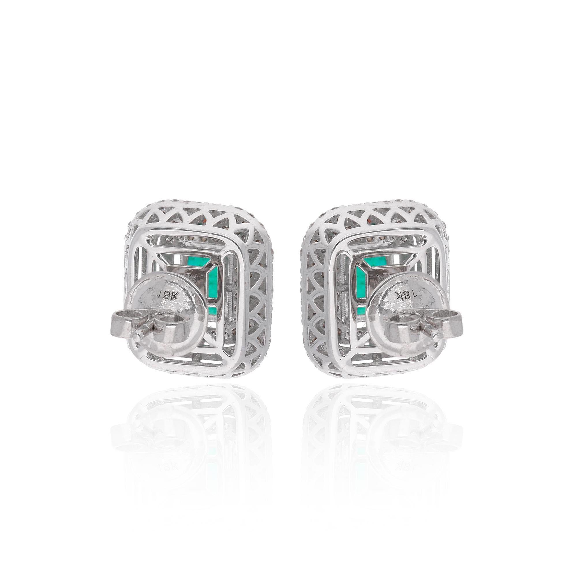 Women's Zambian Emerald Gemstone Stud Earrings Pave Diamond 18 Karat White Gold Jewelry For Sale