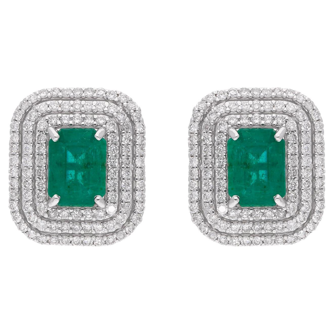 Zambian Emerald Gemstone Stud Earrings Pave Diamond 18 Karat White Gold Jewelry