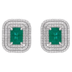 Zambian Emerald Gemstone Stud Earrings Pave Diamond 18 Karat White Gold Jewelry