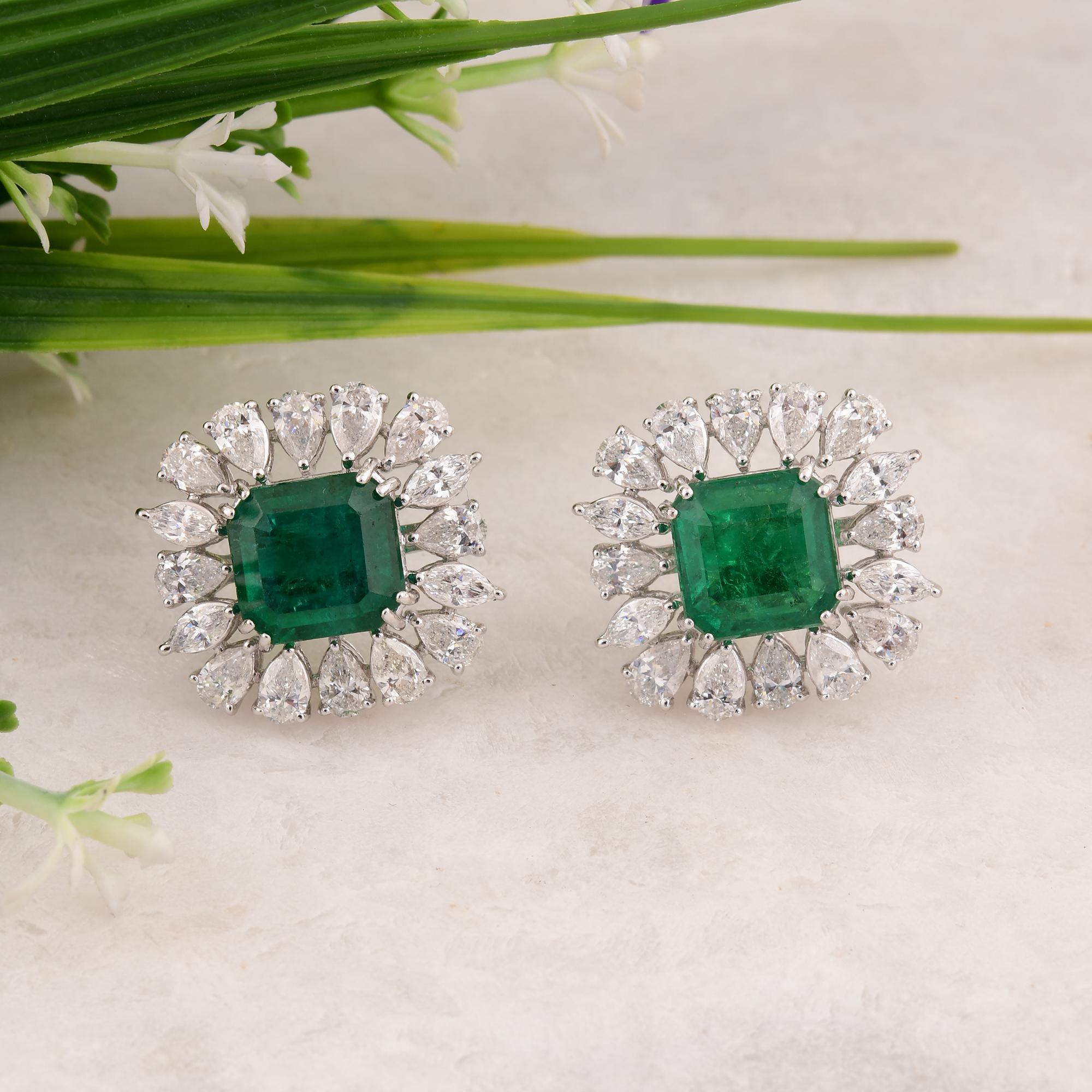 Pear Cut Zambian Emerald Gemstone Stud Earrings Pear Diamond 14 Karat White Gold Jewelry For Sale