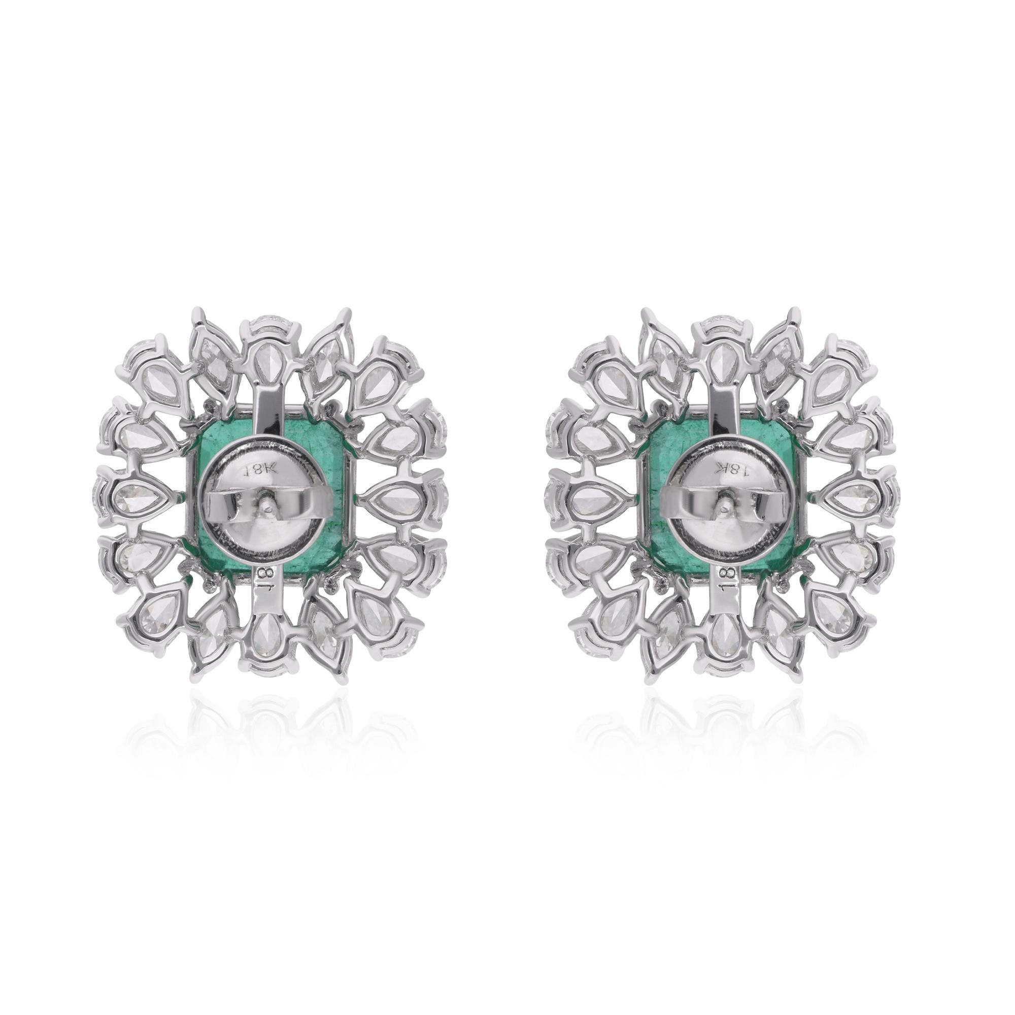 Women's Zambian Emerald Gemstone Stud Earrings Pear Diamond 14 Karat White Gold Jewelry For Sale
