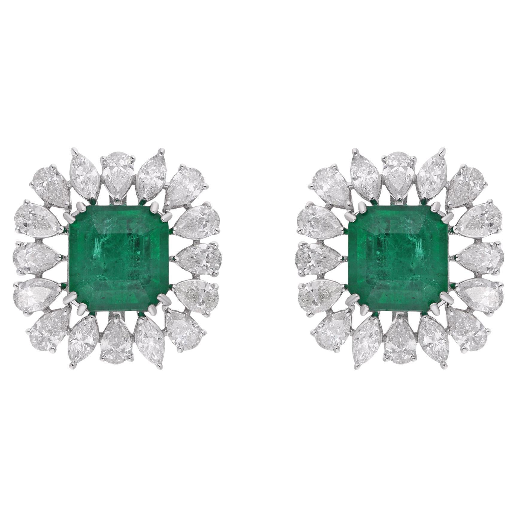 Zambian Emerald Gemstone Stud Earrings Pear Diamond 14 Karat White Gold Jewelry