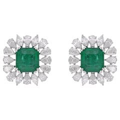 Zambian Emerald Gemstone Stud Earrings Pear Diamond 14 Karat White Gold Jewelry