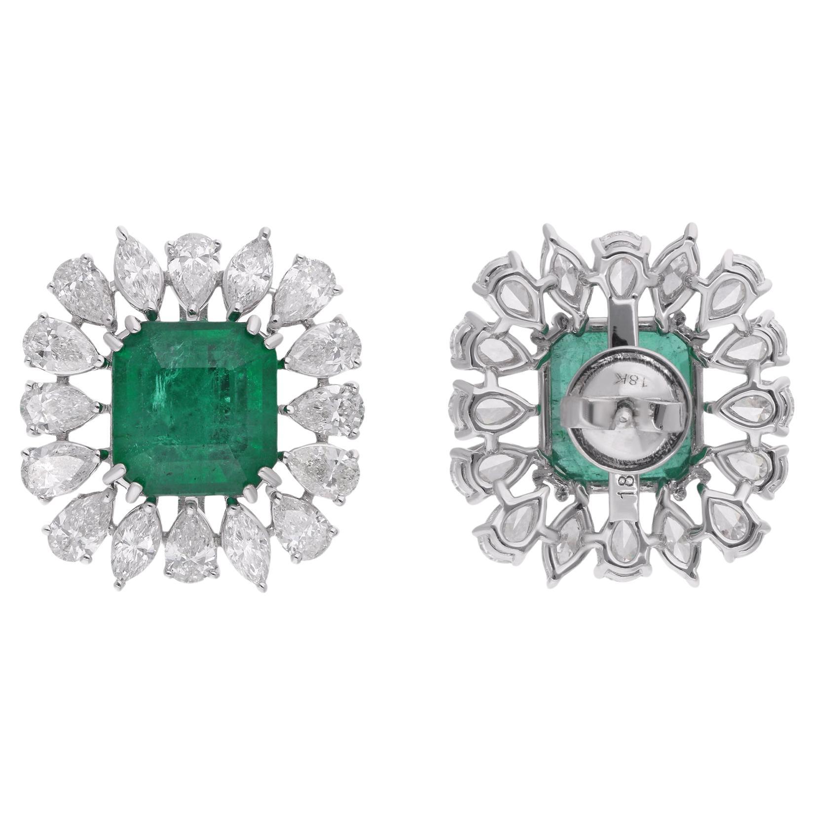 Zambian Emerald Gemstone Stud Earrings Pear Diamond 14 Karat White Gold Jewelry For Sale