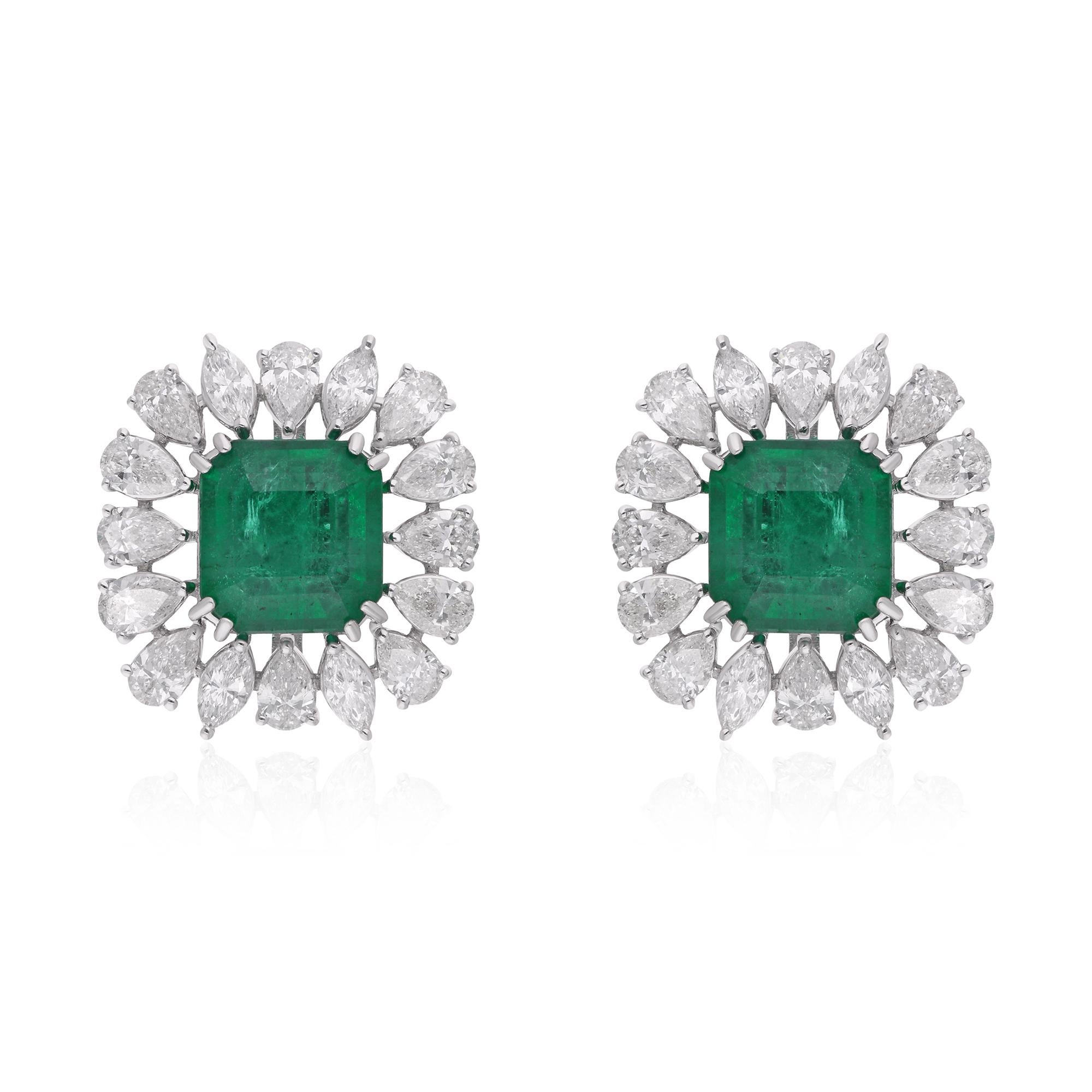 Step into a world of refined elegance with these exquisite Zambian emerald gemstone stud earrings, adorned with pear-shaped diamonds and meticulously crafted in 18 karat white gold. Each element of this stunning piece of fine jewelry embodies