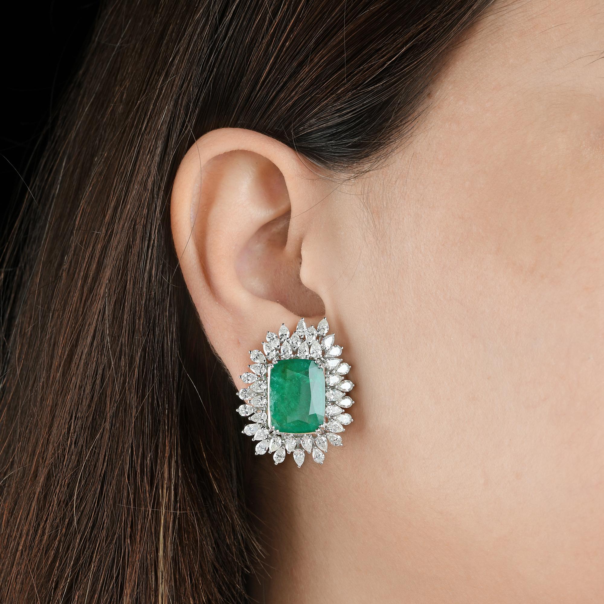 Modern Natural Emerald Gemstone Stud Earrings Pear Diamond 18 Karat White Gold Jewelry For Sale
