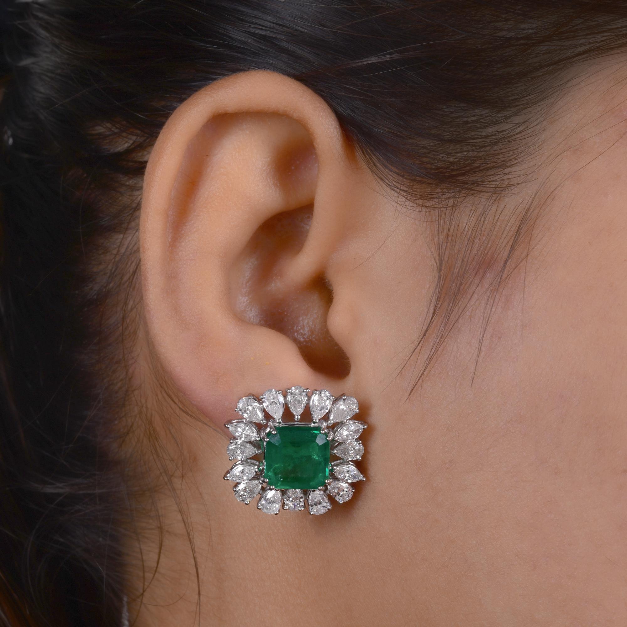 Modern Zambian Emerald Gemstone Stud Earrings Pear Diamond 18 Karat White Gold Jewelry For Sale
