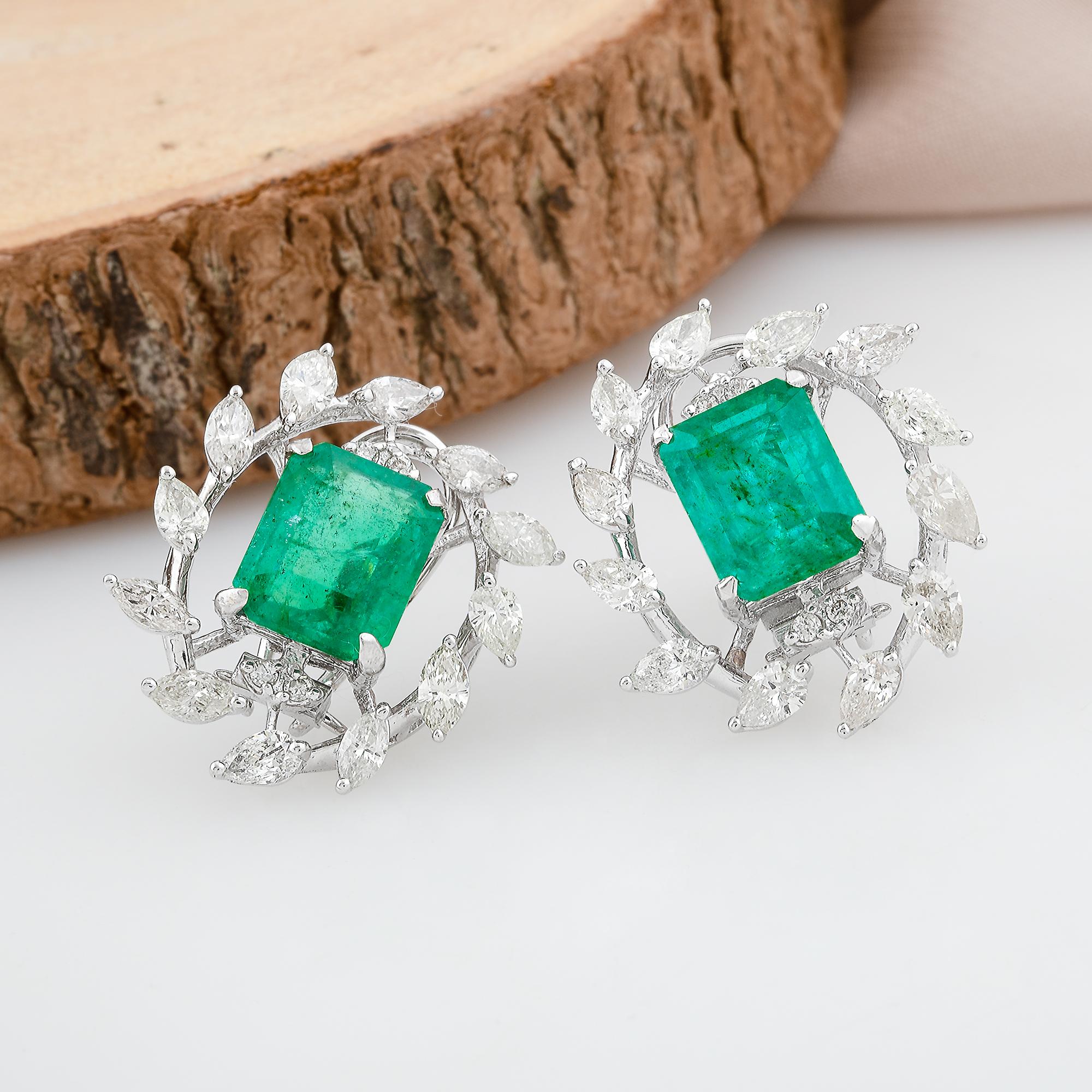 Emerald Cut Natural Emerald Gemstone Stud Earrings Pear Diamond 18 Karat White Gold Jewelry For Sale