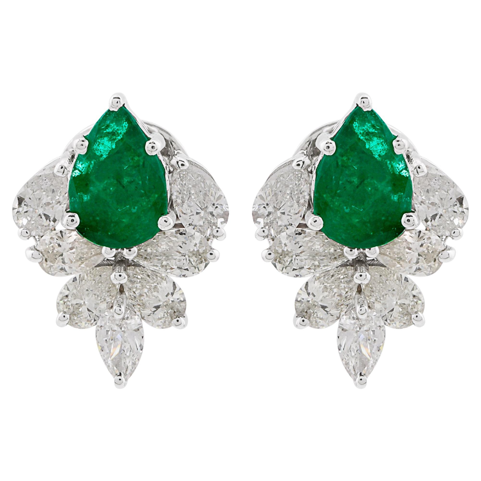 Natural Emerald Gemstone Stud Earrings Pear Diamond 18 Karat White Gold Jewelry
