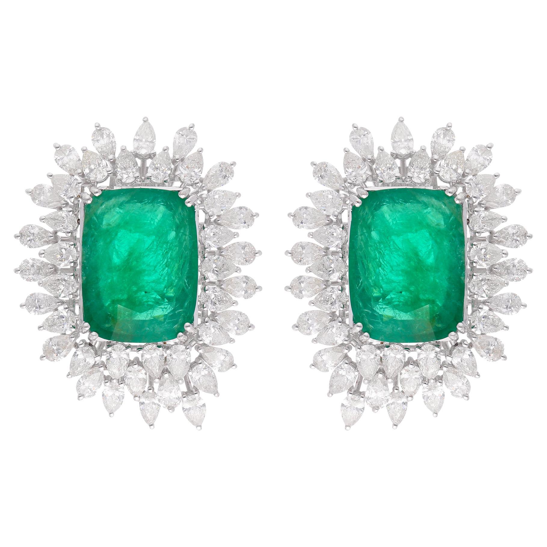 Natural Emerald Gemstone Stud Earrings Pear Diamond 18 Karat White Gold Jewelry