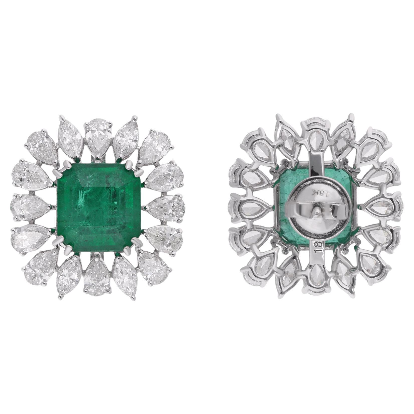 Zambian Emerald Gemstone Stud Earrings Pear Diamond 18 Karat White Gold Jewelry