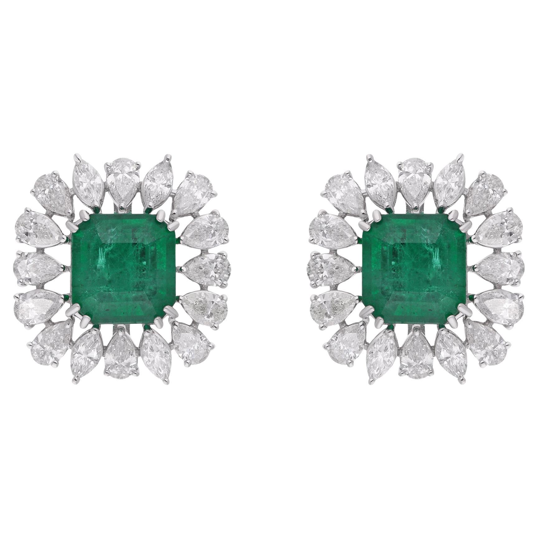 Zambian Emerald Gemstone Stud Earrings Pear Diamond 18 Karat White Gold Jewelry For Sale