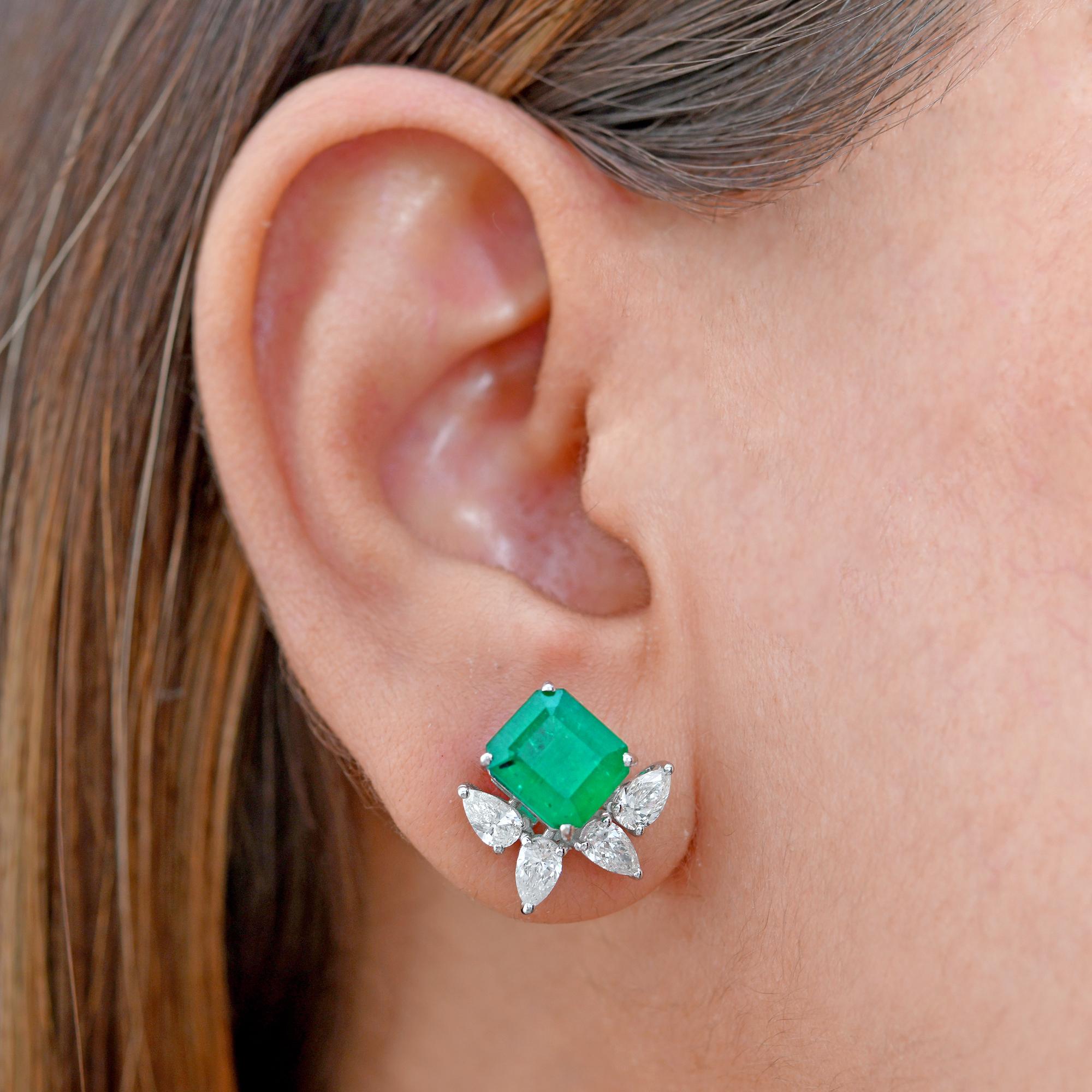 Modern Natural Emerald Gemstone Stud Earrings Pear Diamond 18k White Gold Fine Jewelry For Sale