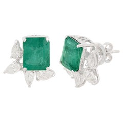Natural Emerald Gemstone Stud Earrings Pear Diamond 18k White Gold Fine Jewelry