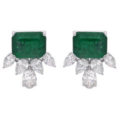 Pendientes Esmeralda de Zambia Pera y Diamante Oval Oro Blanco 14 Kilates