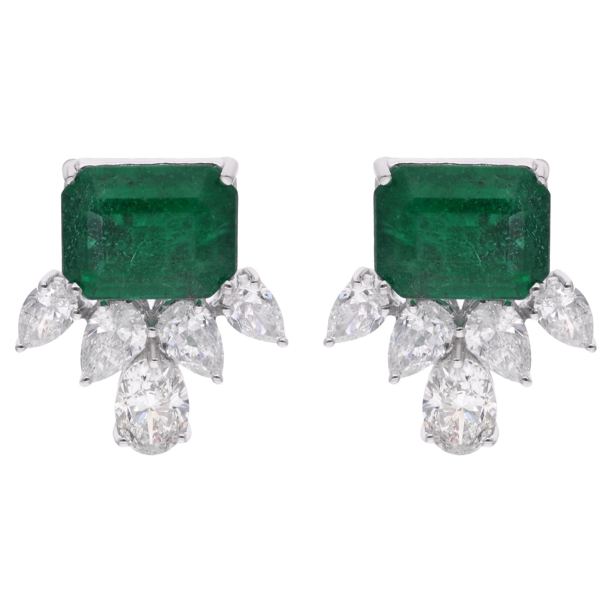 Sambische Smaragd-Edelstein-Ohrstecker Birne & ovaler Diamant 14 Karat Weißgold im Angebot