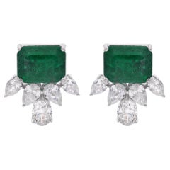 Sambische Smaragd-Edelstein-Ohrstecker Birne & ovaler Diamant 14 Karat Weißgold