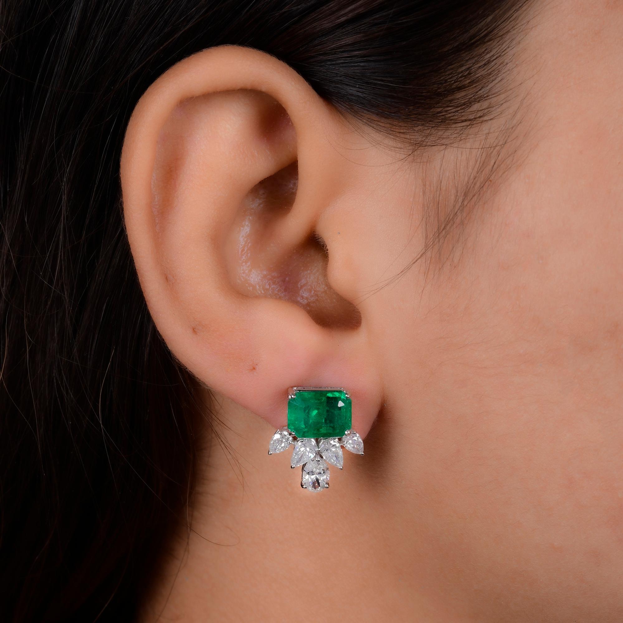 Modern Zambian Emerald Gemstone Stud Earrings Pear & Oval Diamond 18 Karat White Gold For Sale