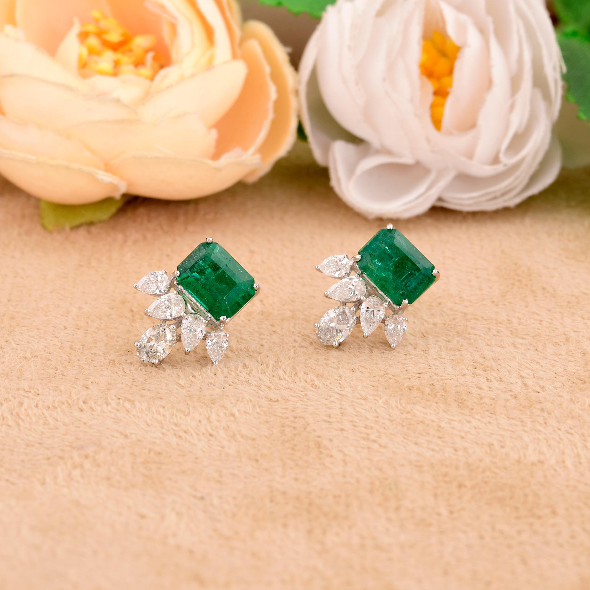 Oval Cut Zambian Emerald Gemstone Stud Earrings Pear & Oval Diamond 18 Karat White Gold For Sale