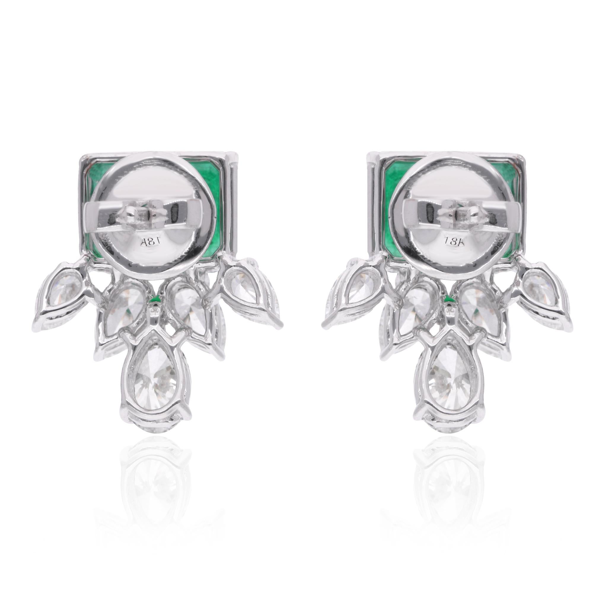 Women's Zambian Emerald Gemstone Stud Earrings Pear & Oval Diamond 18 Karat White Gold For Sale