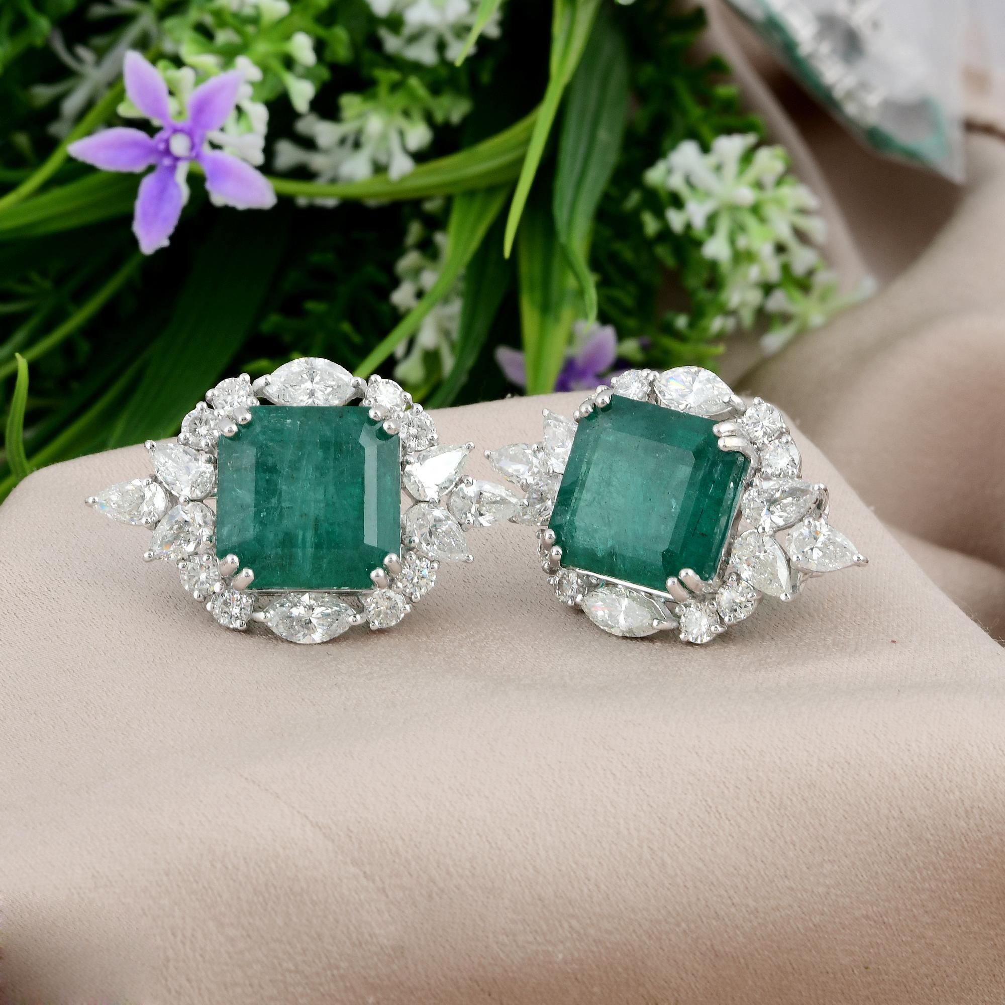 Modern Natural Emerald Gemstone Stud Earrings Pear Round Diamond 18 Karat White Gold For Sale