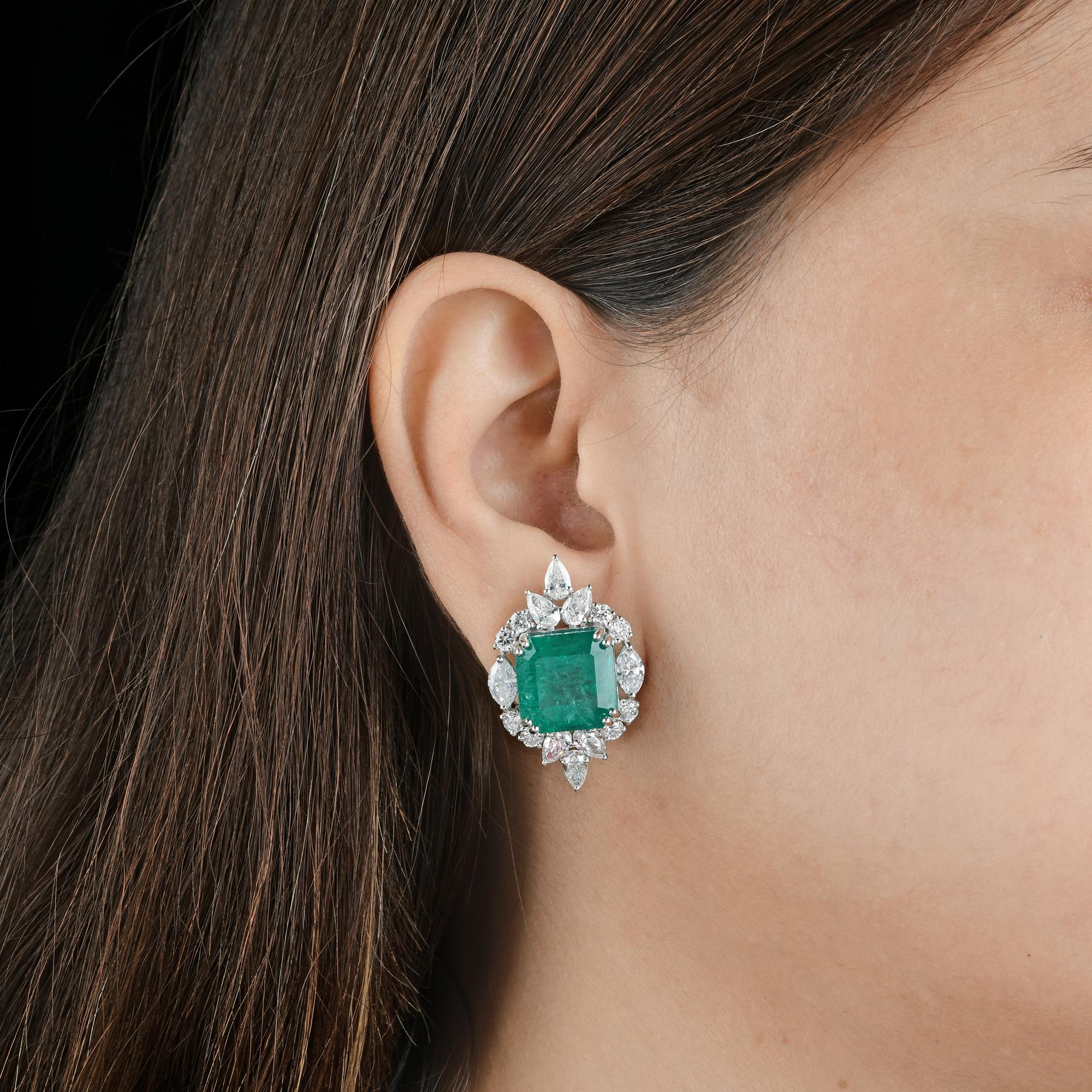 Pear Cut Natural Emerald Gemstone Stud Earrings Pear Round Diamond 18 Karat White Gold For Sale