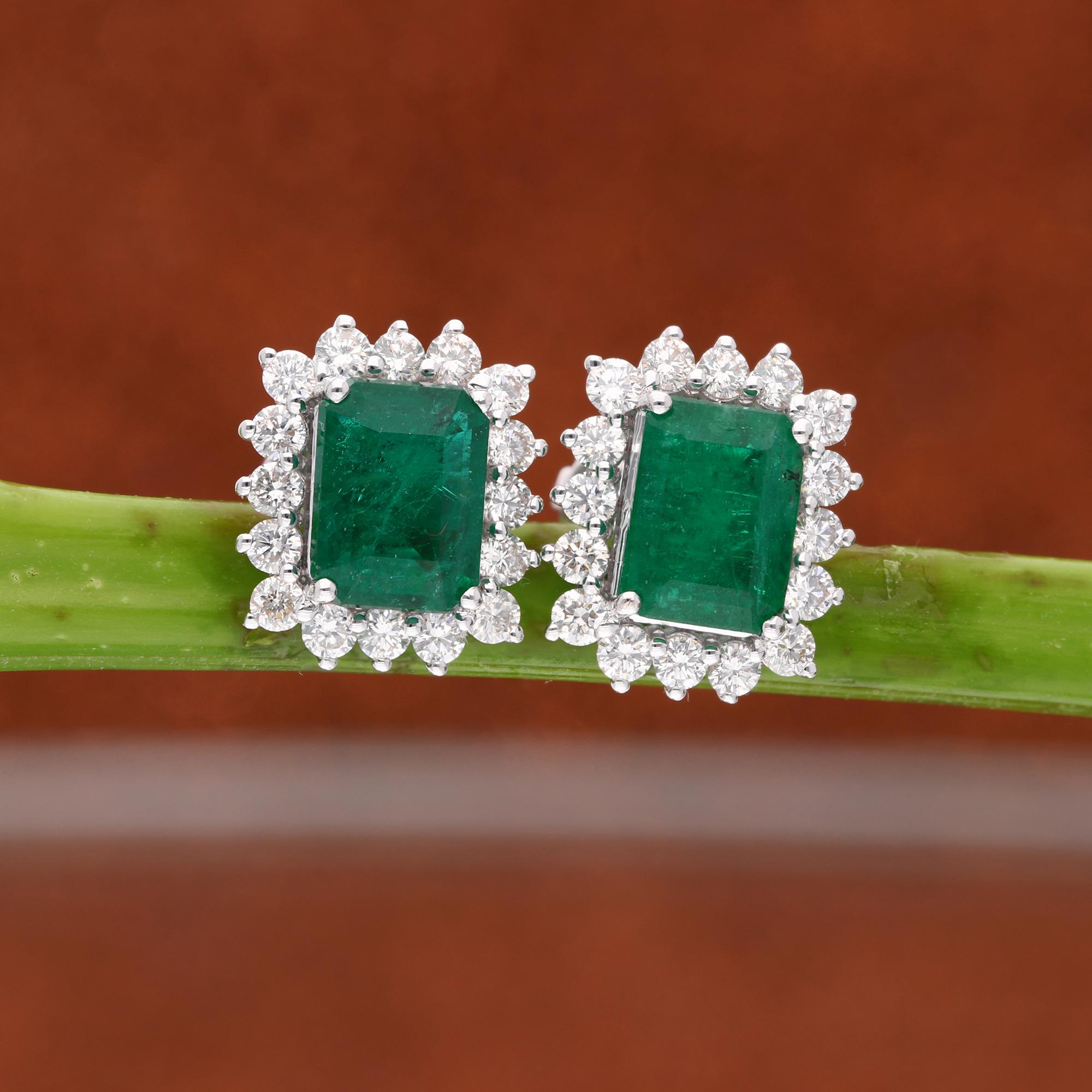 Modern Natural Emerald Gemstone Stud Earrings Round Diamond 18 Karat White Gold Jewelry For Sale