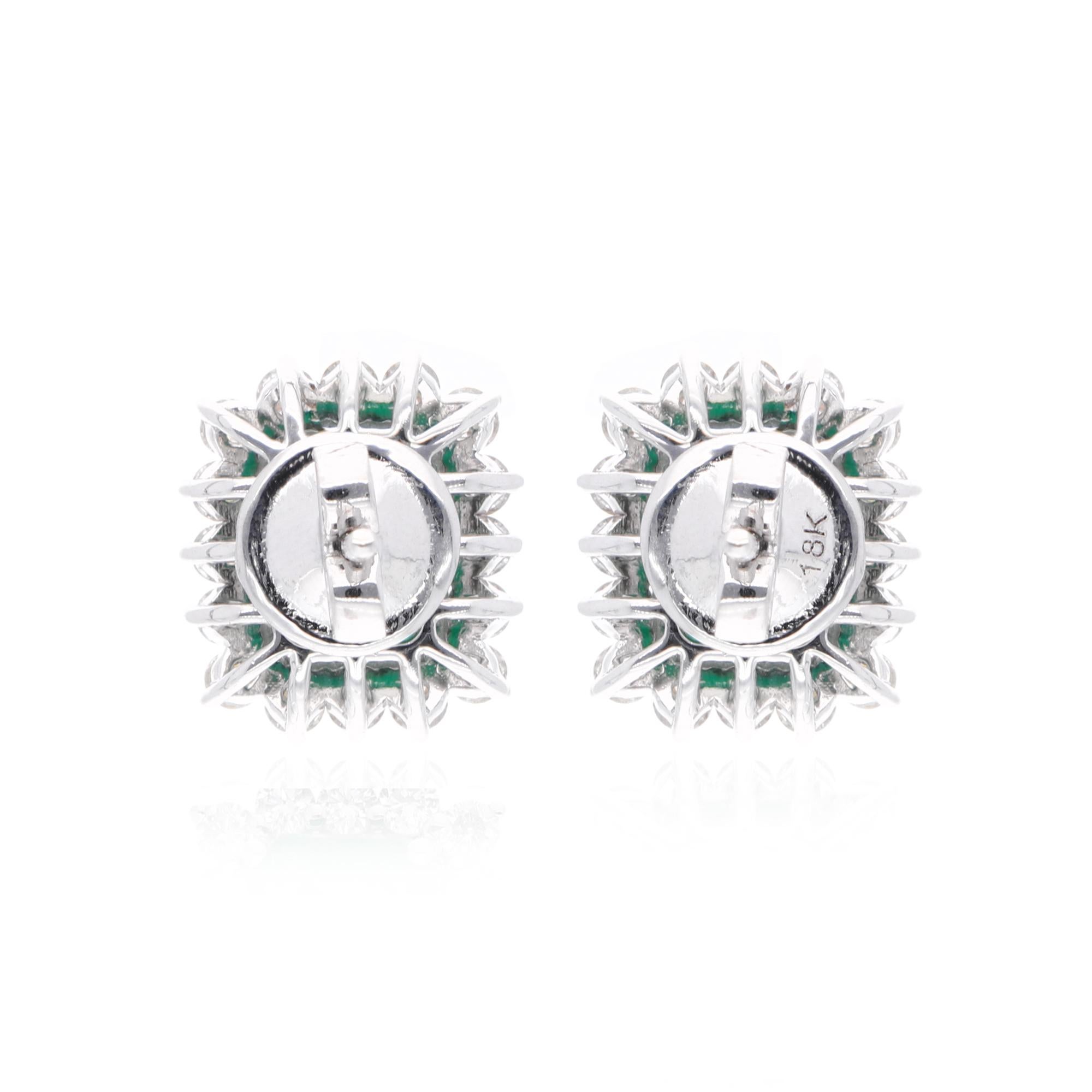 Octagon Cut Natural Emerald Gemstone Stud Earrings Round Diamond 18 Karat White Gold Jewelry For Sale