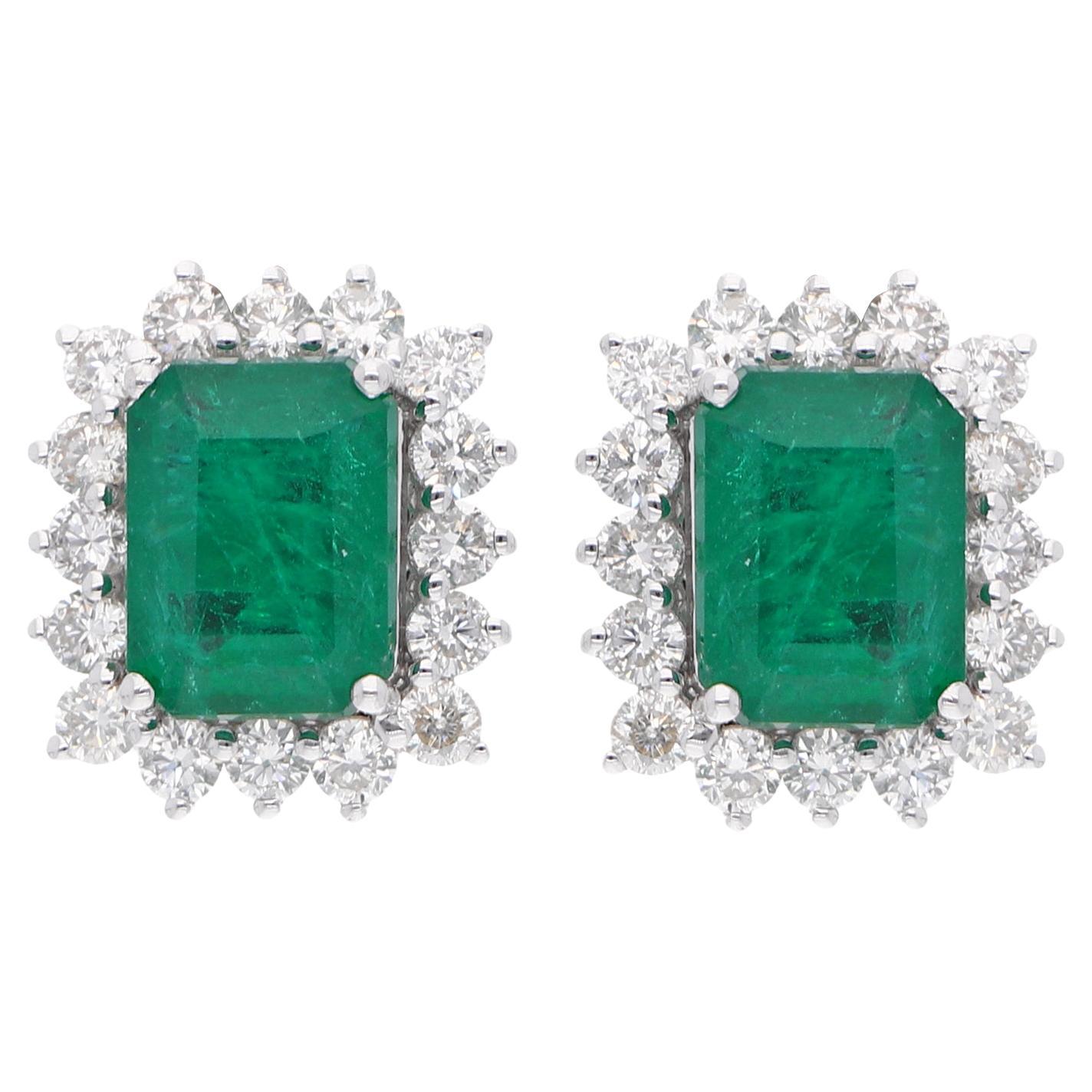 Natural Emerald Gemstone Stud Earrings Round Diamond 18 Karat White Gold Jewelry For Sale