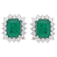 Natural Emerald Gemstone Stud Earrings Round Diamond 18 Karat White Gold Jewelry