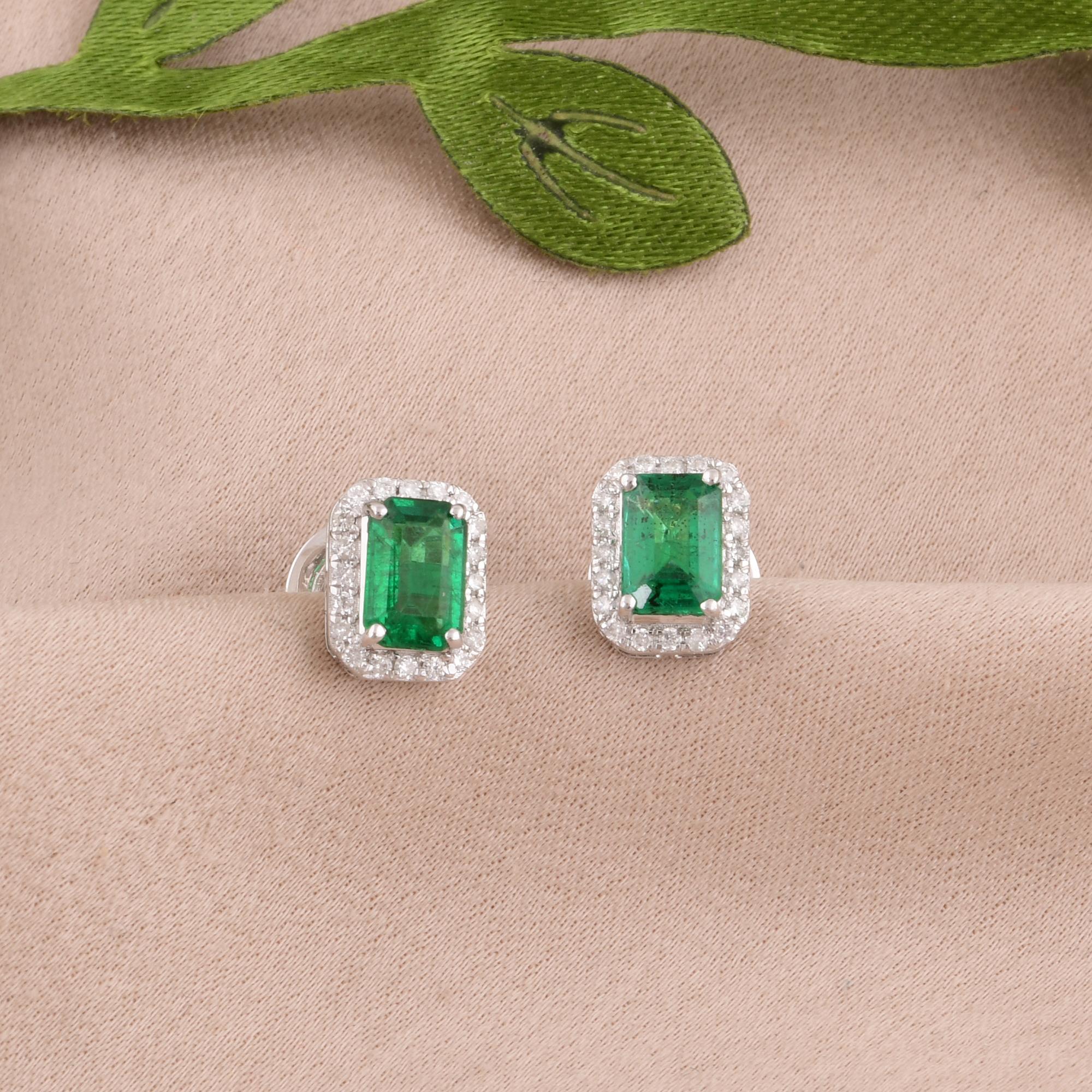 Modern Zambian Emerald Gemstone Stud Earrings SI/H Diamond 14 Karat White Gold Jewelry For Sale