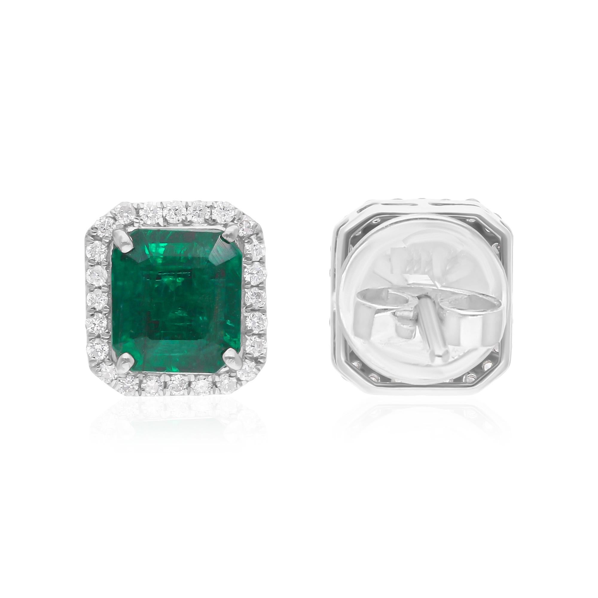 Emerald Cut Zambian Emerald Gemstone Stud Earrings SI/H Diamond 14 Karat White Gold Jewelry For Sale