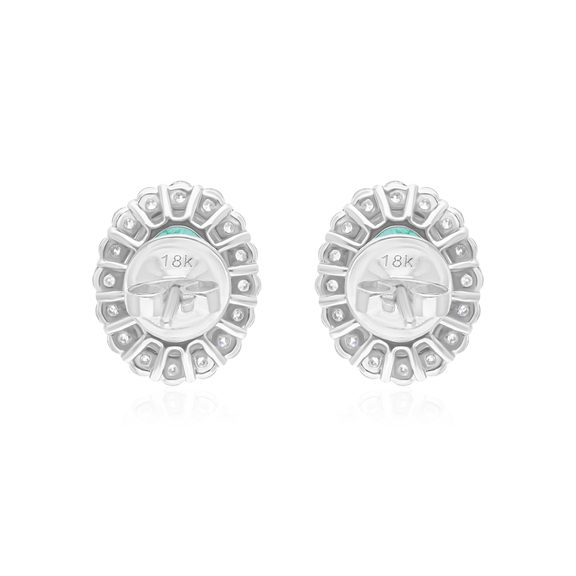 Oval Cut Zambian Emerald Gemstone Stud Earrings SI/H Diamond 14 Karat White Gold Jewelry For Sale