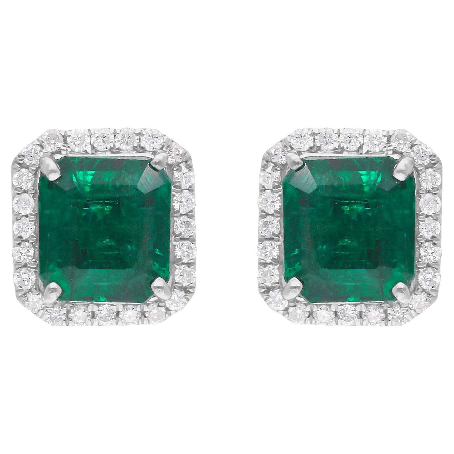 Zambian Emerald Gemstone Stud Earrings SI/H Diamond 14 Karat White Gold Jewelry