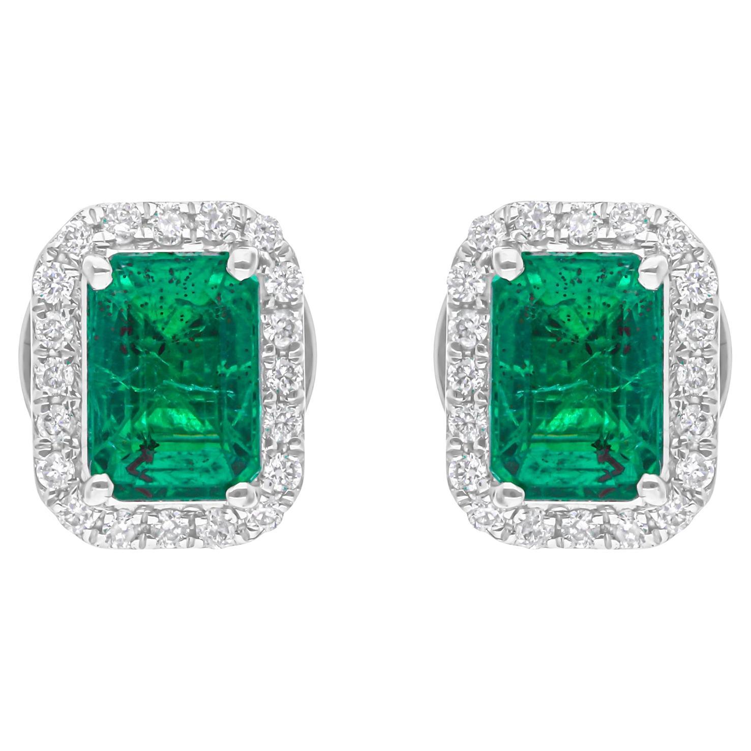 Zambian Emerald Gemstone Stud Earrings SI/H Diamond 14 Karat White Gold Jewelry