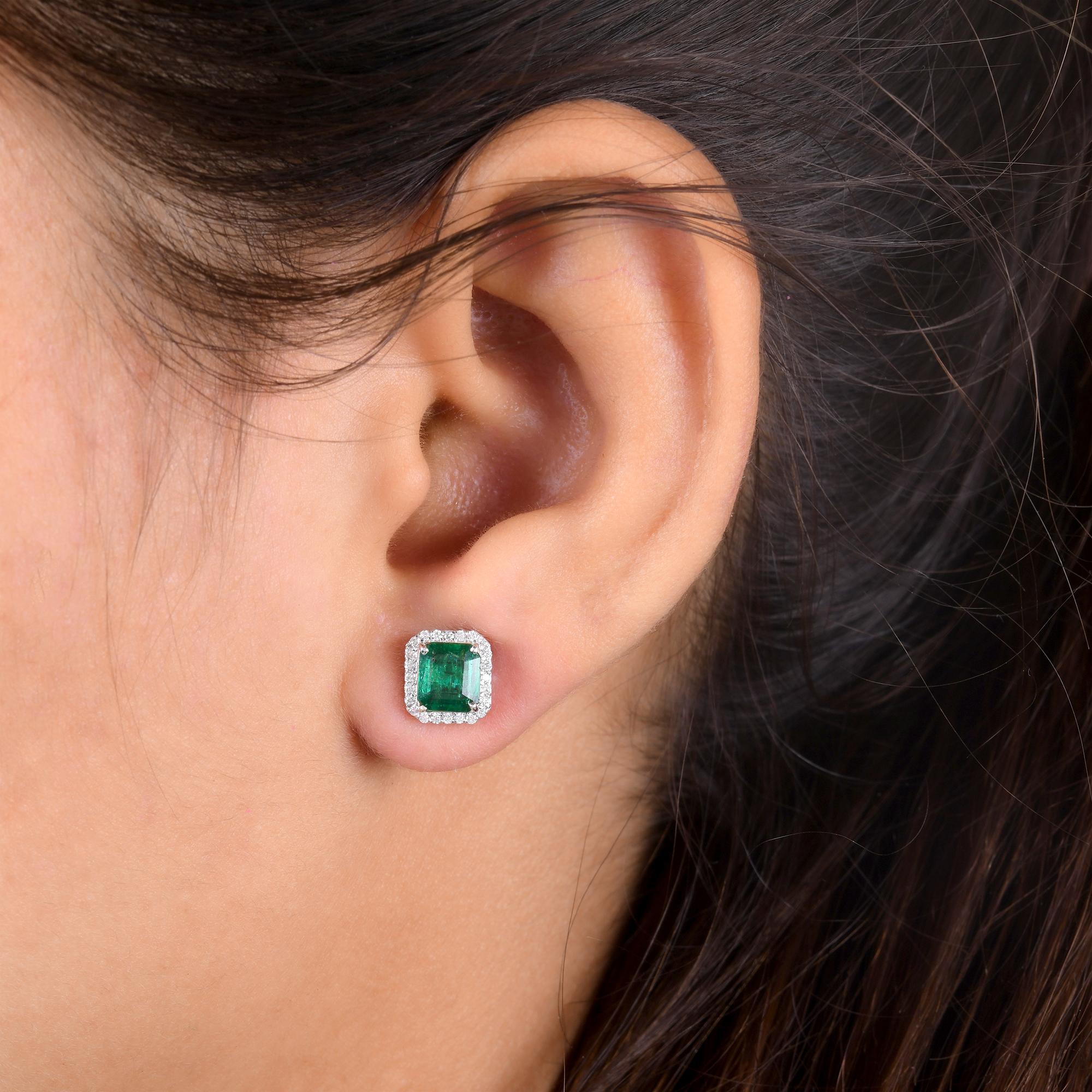 Modern Zambian Emerald Gemstone Stud Earrings SI/H Diamond 18 Karat White Gold Jewelry For Sale