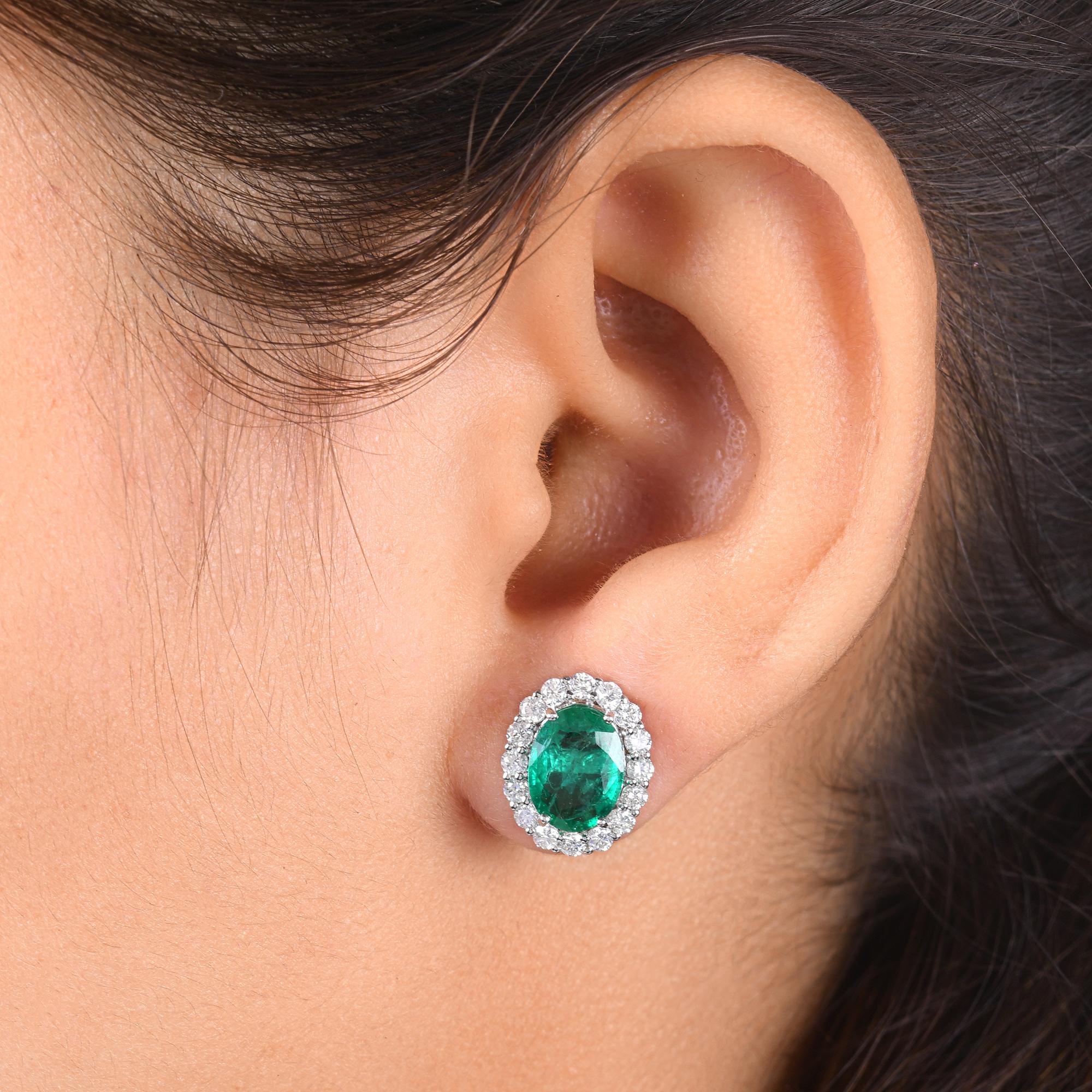 Modern Zambian Emerald Gemstone Stud Earrings SI/H Diamond 18 Karat White Gold Jewelry For Sale