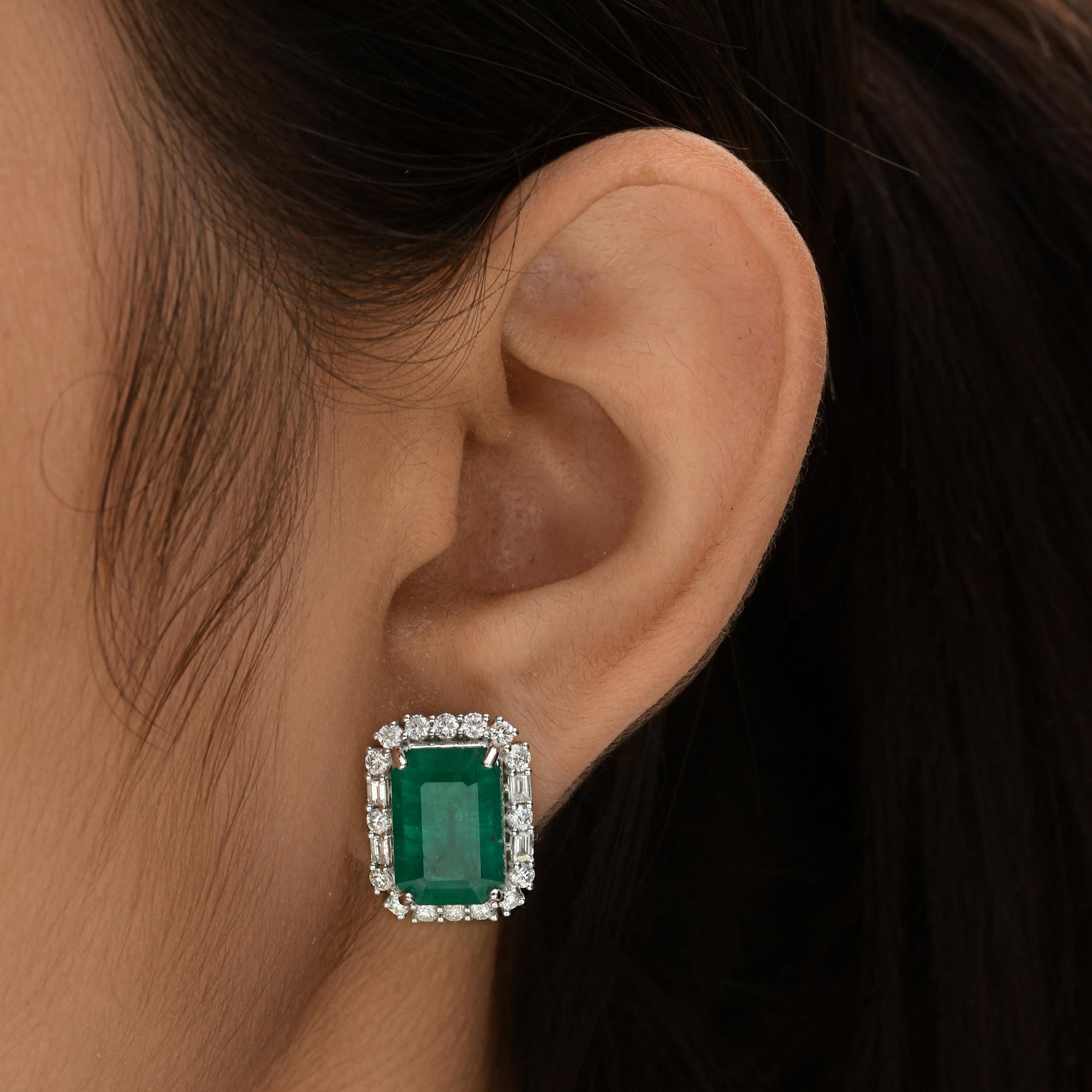 Modern 10.4 Carat Zambian Emerald Gemstone Stud Earrings 1.45 Ct Diamond 18k White Gold For Sale