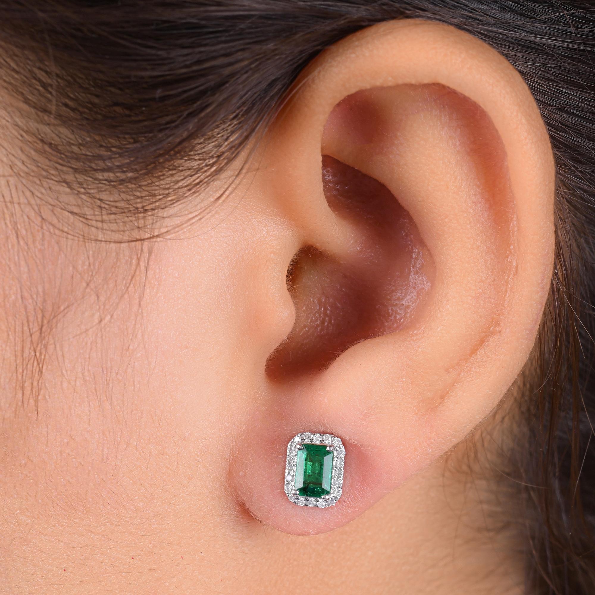 Emerald Cut Zambian Emerald Gemstone Stud Earrings SI/H Diamond 18 Karat White Gold Jewelry For Sale