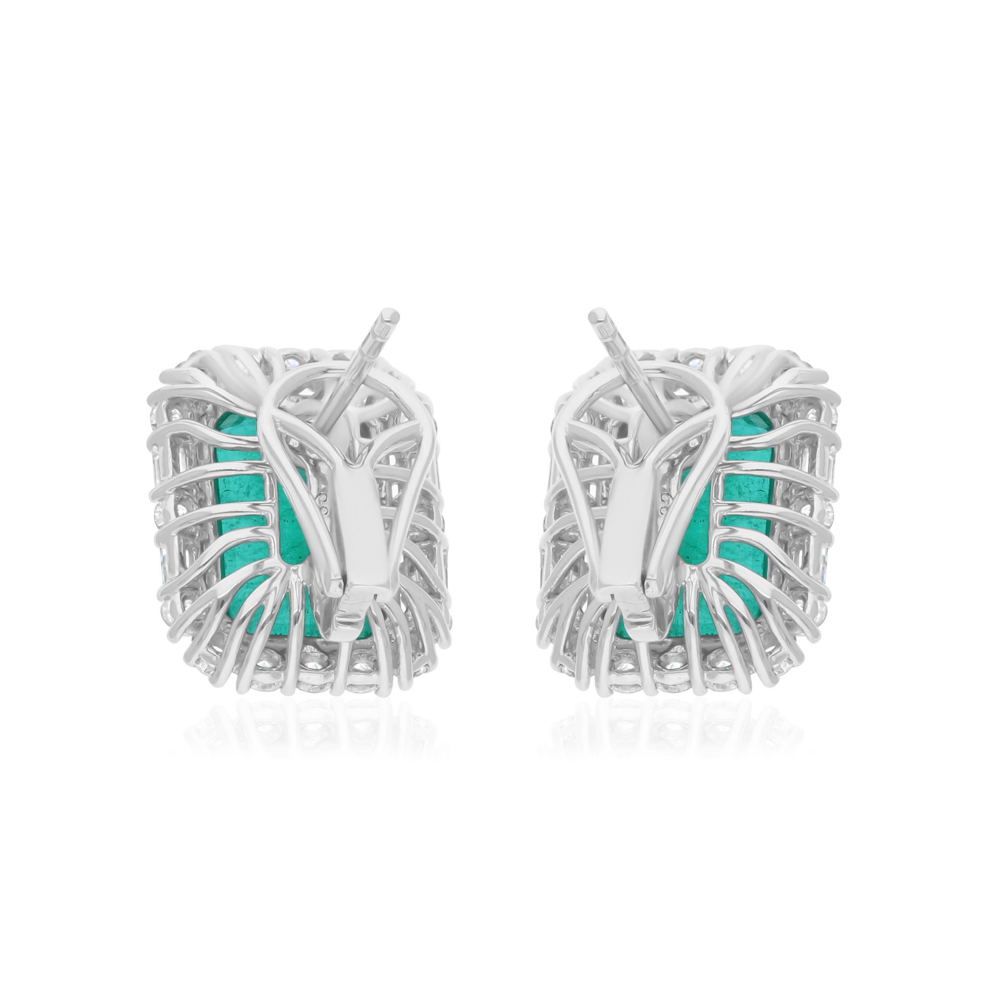 Emerald Cut 10.4 Carat Zambian Emerald Gemstone Stud Earrings 1.45 Ct Diamond 18k White Gold For Sale