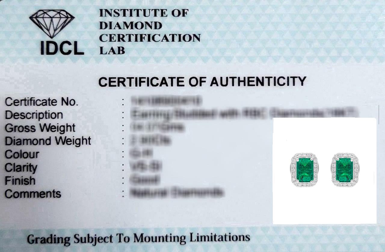Women's Zambian Emerald Gemstone Stud Earrings SI/H Diamond 18 Karat White Gold Jewelry For Sale