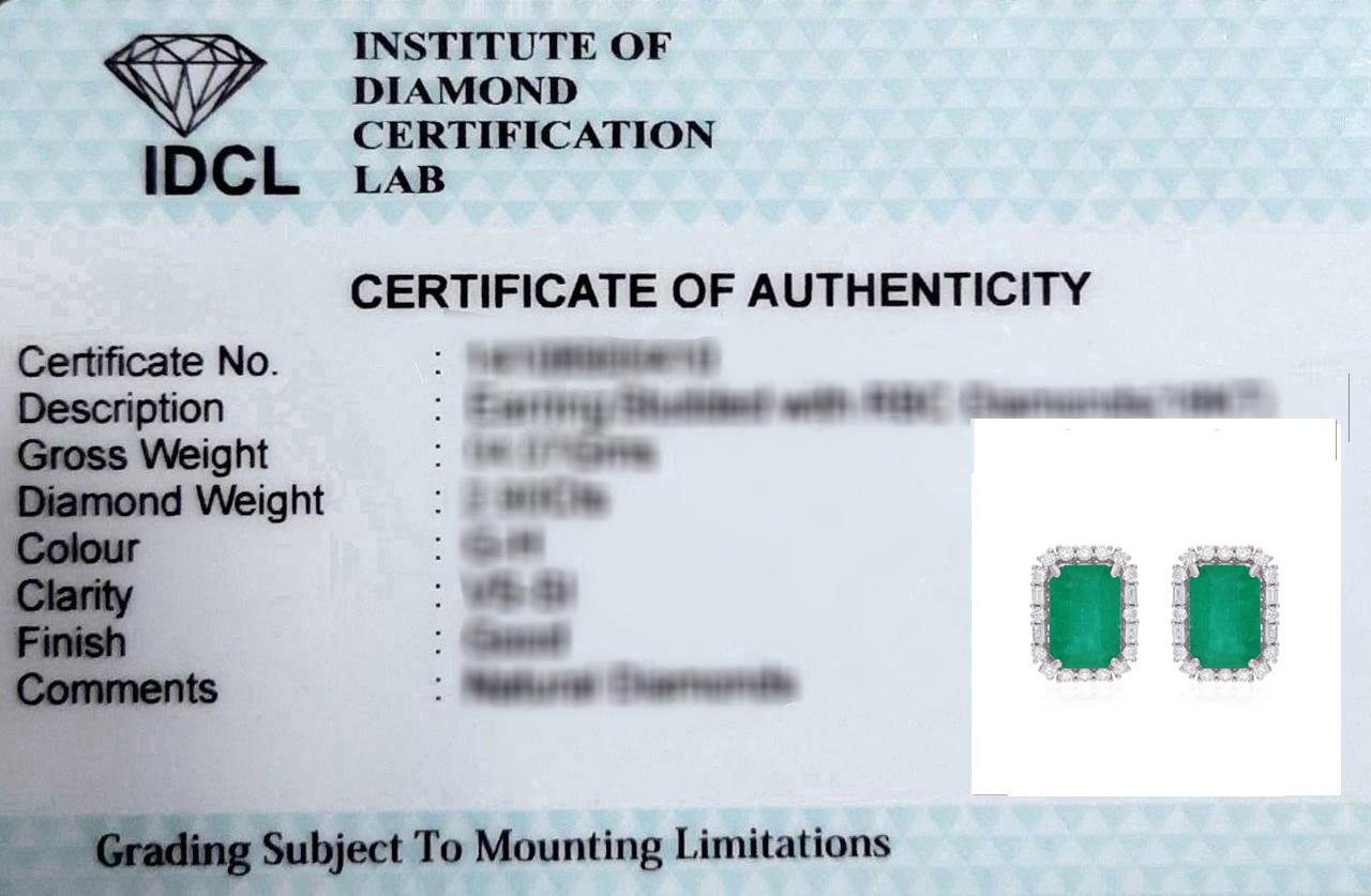 Women's 10.4 Carat Zambian Emerald Gemstone Stud Earrings 1.45 Ct Diamond 18k White Gold For Sale
