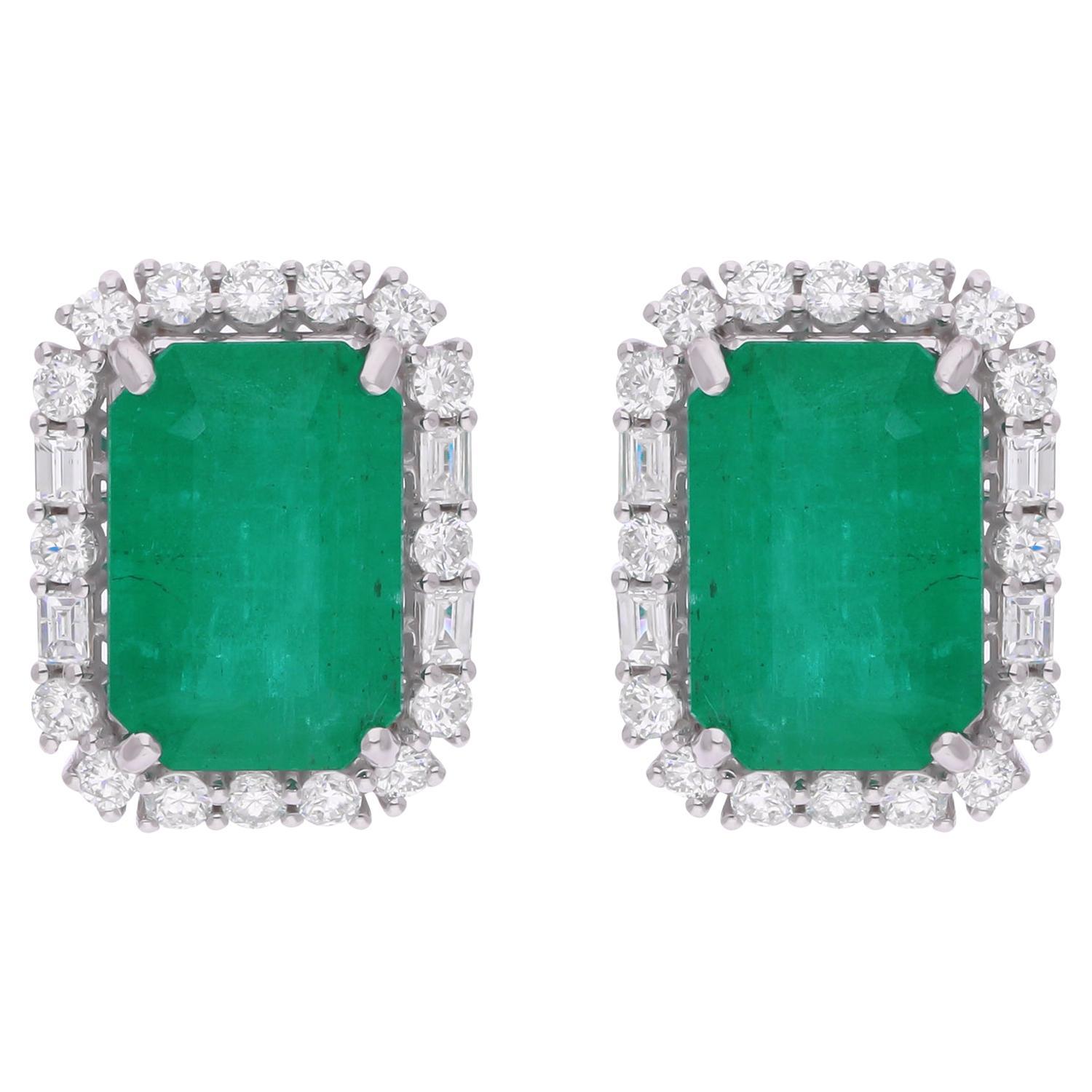 10.4 Carat Zambian Emerald Gemstone Stud Earrings 1.45 Ct Diamond 18k White Gold