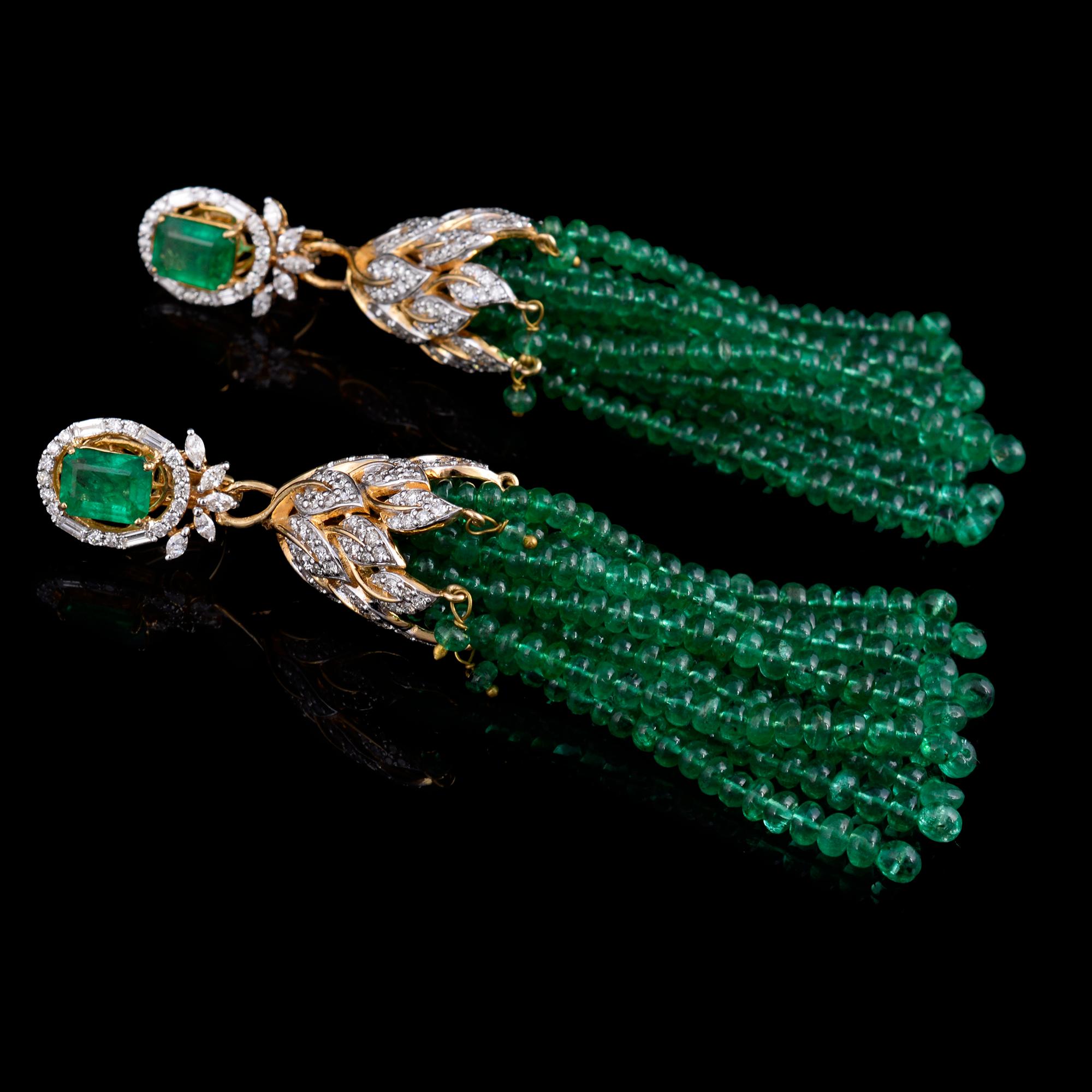 Modern Natural Emerald Gemstone Tassel Dangle Earrings Diamond 18 Karat Yellow Gold For Sale