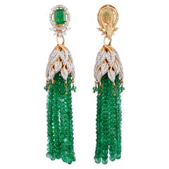 Zambian Emerald Gemstone Tassel Dangle Earrings Diamond 18 Karat Yellow Gold